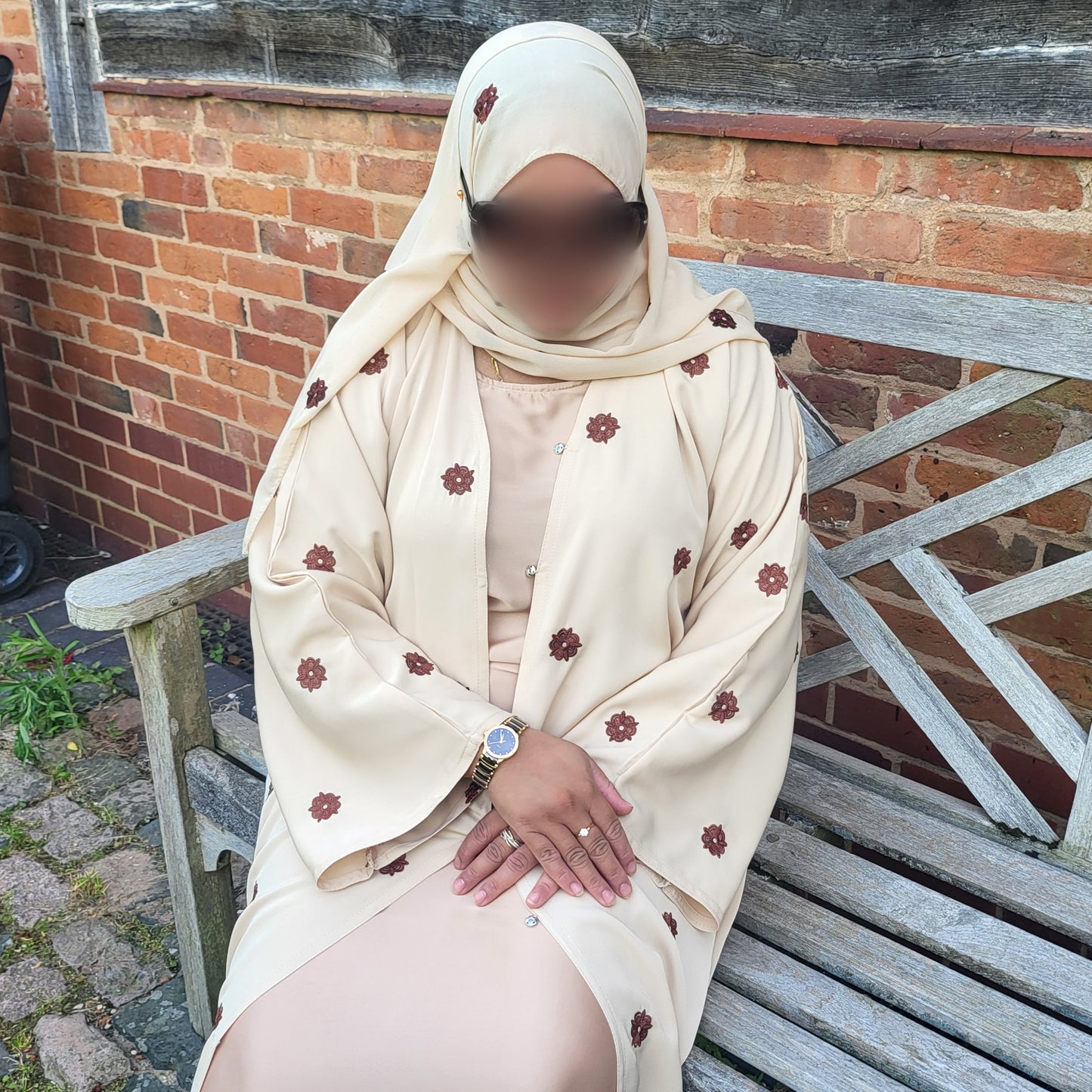 Al Shamas Abaya 》Sand Floral Embroidered Abaya with Matching Hijab